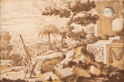 null Ecole française du XVIIe siècle

Deux voyageurs dans un paysage de ruines

Plume,...