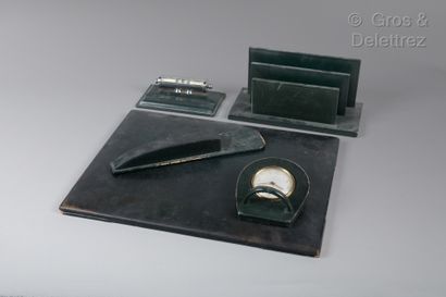 null Composite desk set, five pieces, in dark green leather including: a letter holder,...