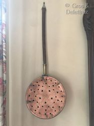 null Set of three brass and copper heaters with turned wooden handles.

18th and...