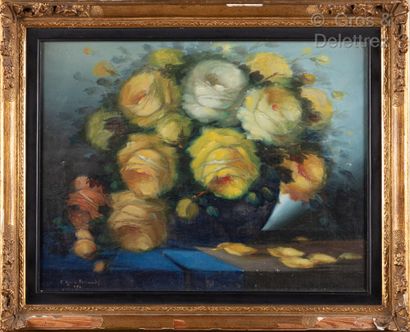  Francisco RUIZ FERRANDIS (1909-1992) 
Bouquet de roses jaunes 
Huile sur papier...