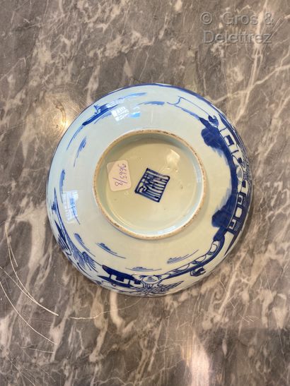 null South China. Porcelain bowl with white and blue decoration, inside a crane in...