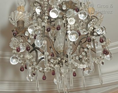 null A small white crystal and smoked amethyst four-light chandelier with pendants...