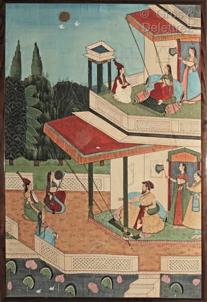 null Meeting of three Indian paintings on fabric : 

- Indian School: Lively Palace...