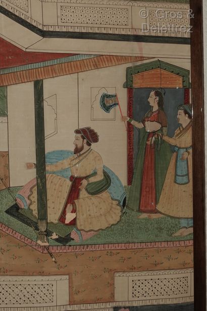 null Meeting of three Indian paintings on fabric : 

- Indian School: Lively Palace...