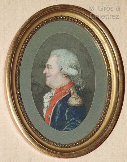  Ecole Française 
Portrait d'un officier de profil en uniforme du XVIIIe siècle 
Aquarelle...