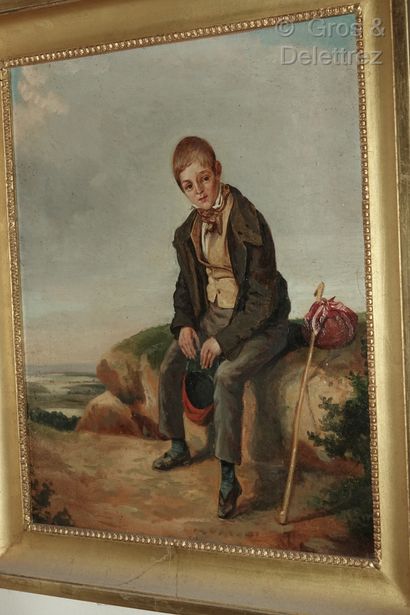 French school, 19th century 
Young boy sitting on a rock, cap in hand and bundle...