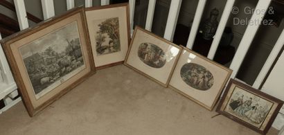  A collection of six engravings, two in black and four in color: 
- "the market to...