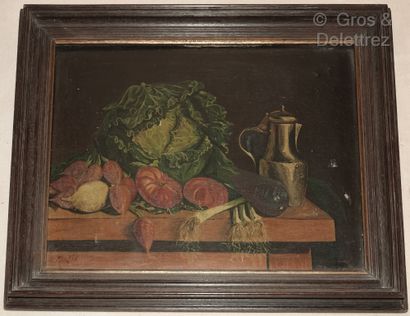 null E. MARTIN, Ecole Française début XXe

Nature morte au chou, tomates, courgettes...