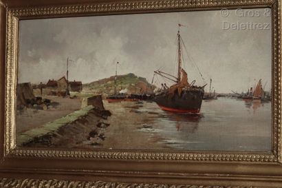  Eugène GALIEN-LALOUE (1854-1941) 
Bateaux de pêche à marée basse 
Huile sur panneau...