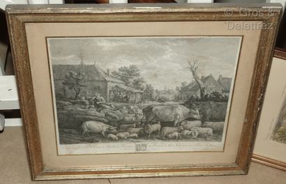 null A collection of six engravings, two in black and four in color: 

- "the market...