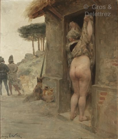  Jules Arsène GARNIER (1847-1889) 
Jeune femme de dos relevant ses jupes 
Huile sur...