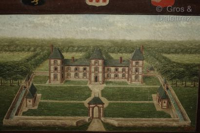  Ecole Française fin XIXe ou début XXe 
Vue d'un château dans un entourage d'armoiries...