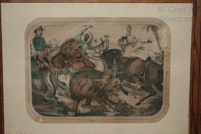 null 
Pair of coloured lithographs : lion hunting scenes in North Africa around 1840-1850...