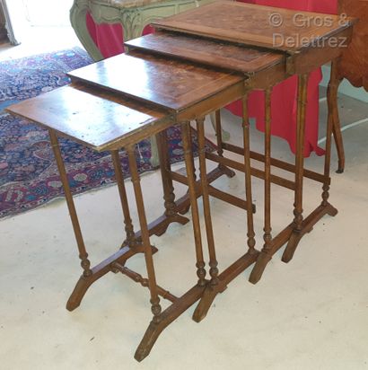 null Set of four nesting tables in veneer with crosses, quivers and flowers on a...