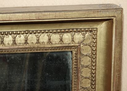 null Small rectangular wood and gilded stucco overmantel mirror decorated with foliated...