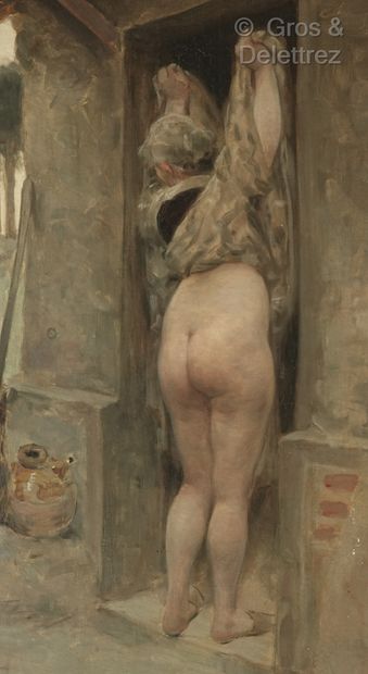  Jules Arsène GARNIER (1847-1889) 
Young woman from the back raising her skirts 
Oil...