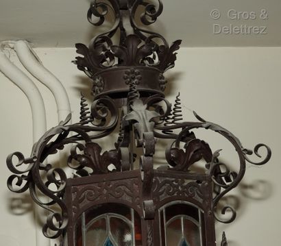 null Hexagonal lantern in wrought iron and sheet metal decorated with scrolls and...