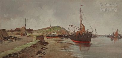  Eugène GALIEN-LALOUE (1854-1941) 
Bateaux de pêche à marée basse 
Huile sur panneau...