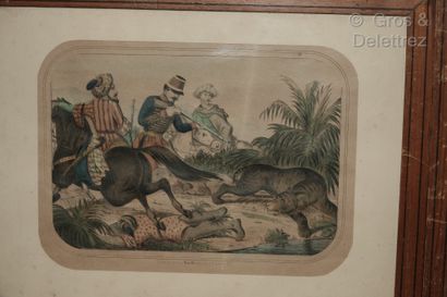  Paire de lithographies coloriées : scènes de chasse au lion en Afrique du Nord vers...
