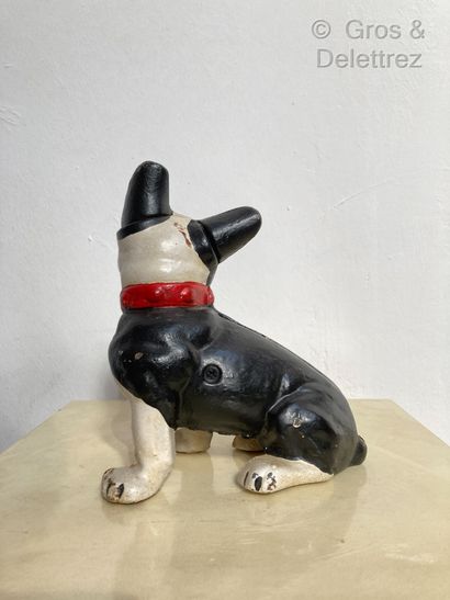 null Piggy bank in cast iron showing a black and white French bulldog sitting with...