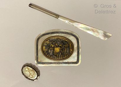 null Mother-of-pearl and brass set consisting of a box top with a family scene, a...
