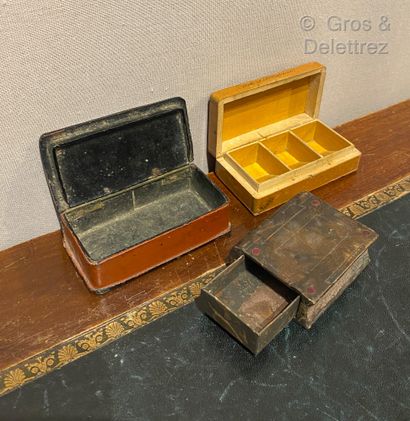 null Set of three boxes including a wooden stamp box painted with a chalet on a mountain...
