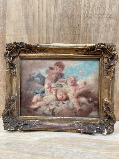  In the taste of François Boucher 
Three Lovers Playing in the Clouds 
Oil on panel...
