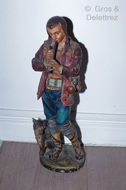 null Statue en plâtre polychrome représentant un berger et son chien. 

Haut : 60...