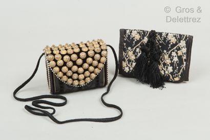 Hélène ANGELI Evening bag in black leather embellished with trimmings, trimmed with...