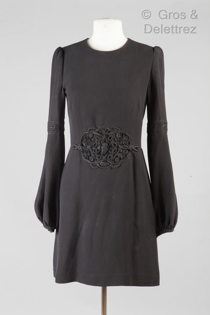 VALENTINO Black silk dress decorated with an important passementerie pattern, reminder...