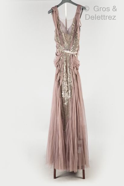 Alberta FERRETI Long evening dress in taupe tulle, partially embroidered with sequins...