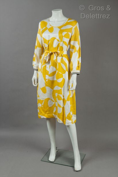 BELLEROSE Robe large en soie viscose blanche, imprimée d'un motif jaune, manches...