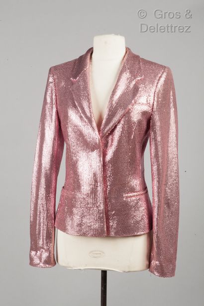 FRANKY MORELLE Pink silk jacket fully decorated with colored sequins, notched shawl...