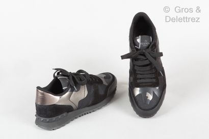 VALENTINO Pair of "Tennis Rock Runner" lace-up sneakers in black fabric and suede,...