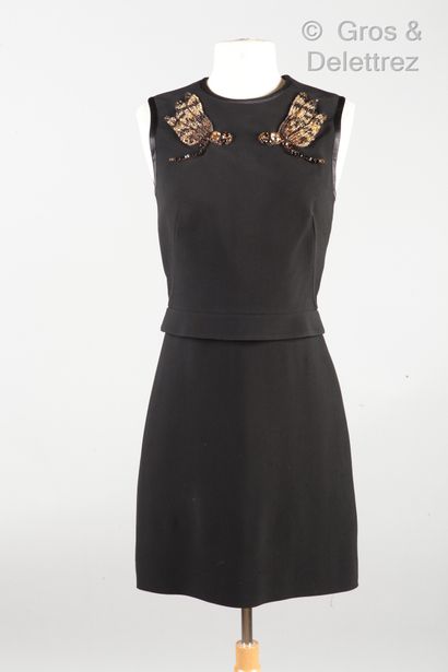 GIVENCHY Sleeveless dress in black composite, chest embroidered with rhinestone dragonflies...