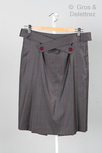 Jean Louis SCHERRER Paris Lot composed of a grey woolen skirt with red stripes, crossed...
