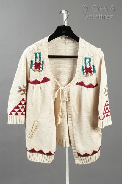 MAJE Veste cardigan de style tyrolienne en jersey de coton écru, imprimé de motif...