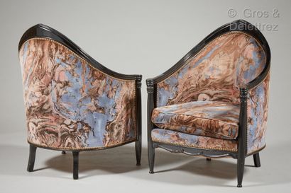 LEON JALLOT, dans le goût de Pair of black lacquered wood armchairs with curved backs...