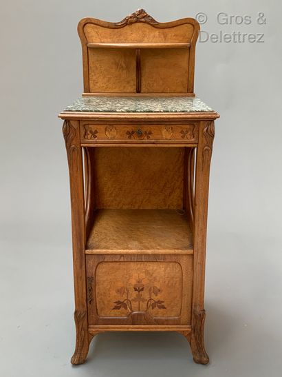 TRAVAIL FRANÇAIS 1900 Walnut bedside table with marble top opening in the waist by...