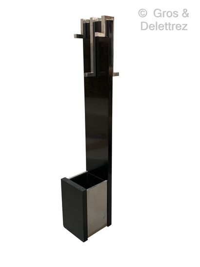 TRAVAIL 1970-1980 Black lacquered wood and chromed metal coat stand with six coat...