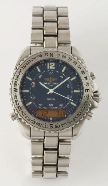 BREITLING «Pluton» Bracelet montre chronographe en acier, cadran bleu et affichage...