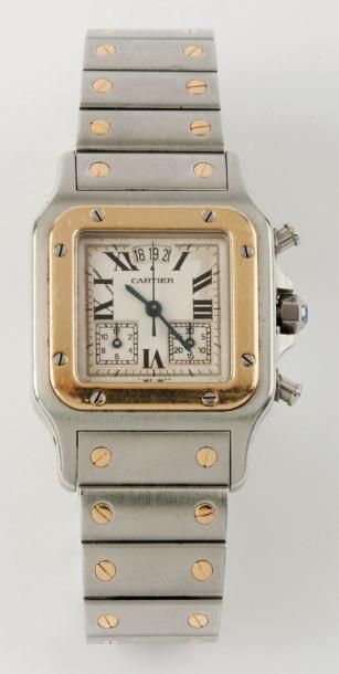 CARTIER «Santos» Bracelet montre chronographe en or jaune et acier, cadran à chiffres...