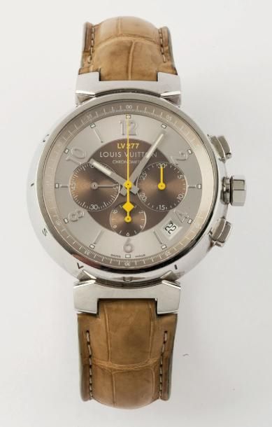 LOUIS VUITTON «Tambour» Montre de poignet chronographe en acier, cadran marron à...