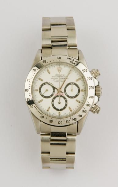 ROLEX "Daytona" Bracelet montre chronographe en acier, cadran blanc à 3 compteurs,...