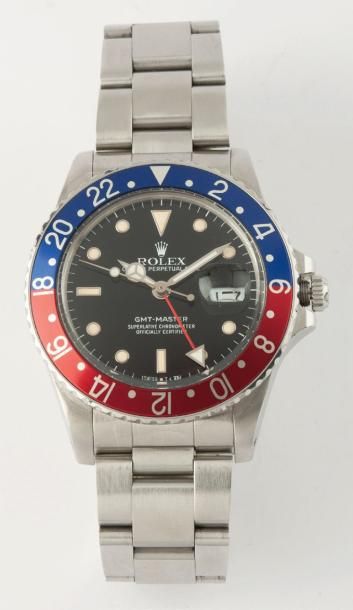 ROLEX «GMT Master dite Pepsi» Réf. 16750 Circa 1987-88 Bracelet montre en acier,...