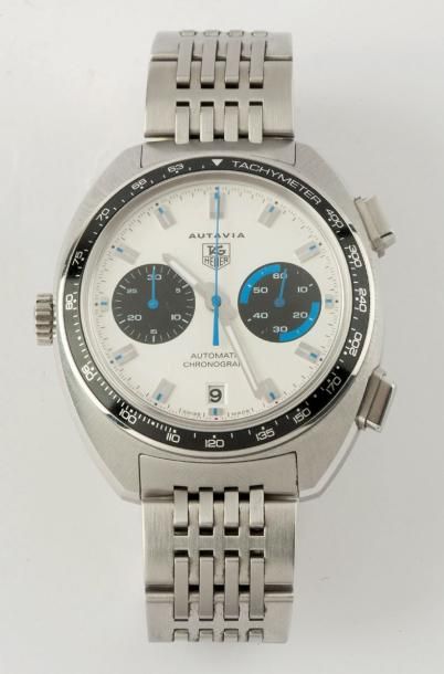 TAG HEUER «Autavia» Bracelet montre chronographe en acier, cadran blanc à 2 compteurs...