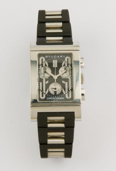 BULGARI "Rettangolo" Montre de poignet chronographe en acier, cadran noir à 3 compteurs,...