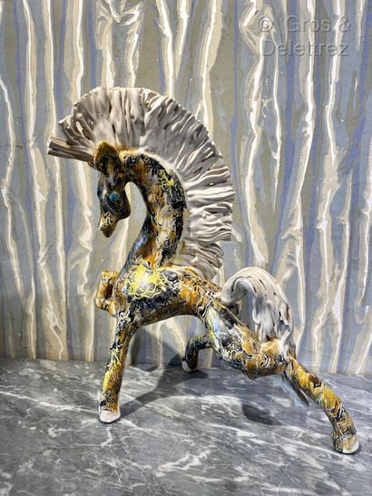 null (Study)A pair of ceramic prancing horses, the body decorated with enamelled...