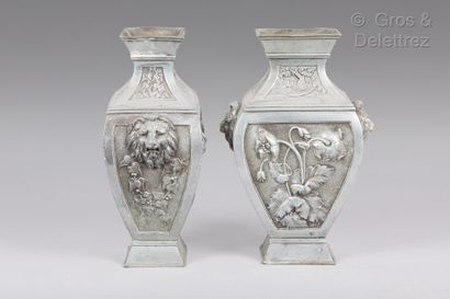 null (Saint-Denis) Pair of quadrangular pewter vases decorated with poppy flowers...