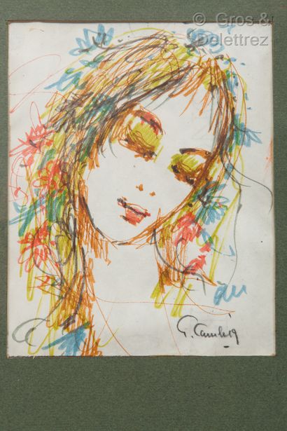  (Saint-Denis) Guy CAMBIER 
Portrait de femme 
Crayons de couleur signé en bas à...